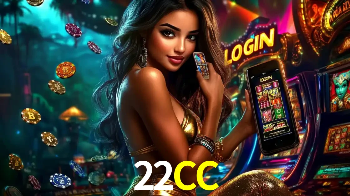 Mulher em um cenário de cassino temático de aventura, mostrando o app de caça-níqueis da 22CC no celular. Fichas de apostas flutuam ao redor.