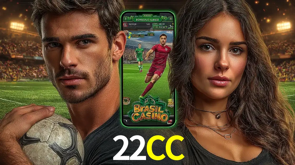 Homem segurando uma bola de futebol e uma mulher ao lado de um smartphone exibindo o jogo de apostas esportivas da 22CC. Faça seu palpite no cassino online.